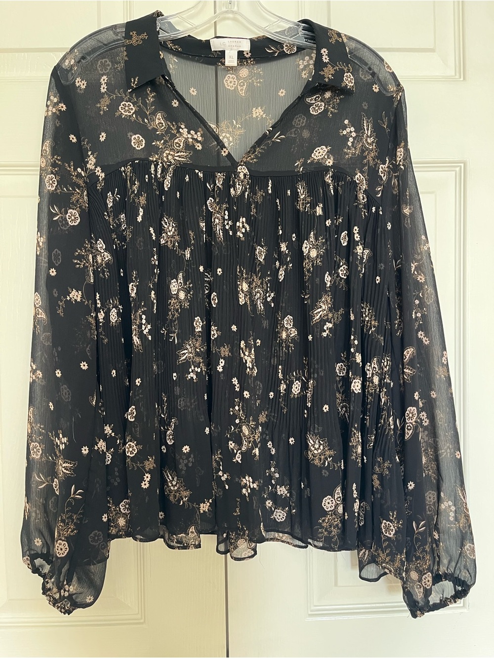 Sheer Black Floral Pleated Blouse
